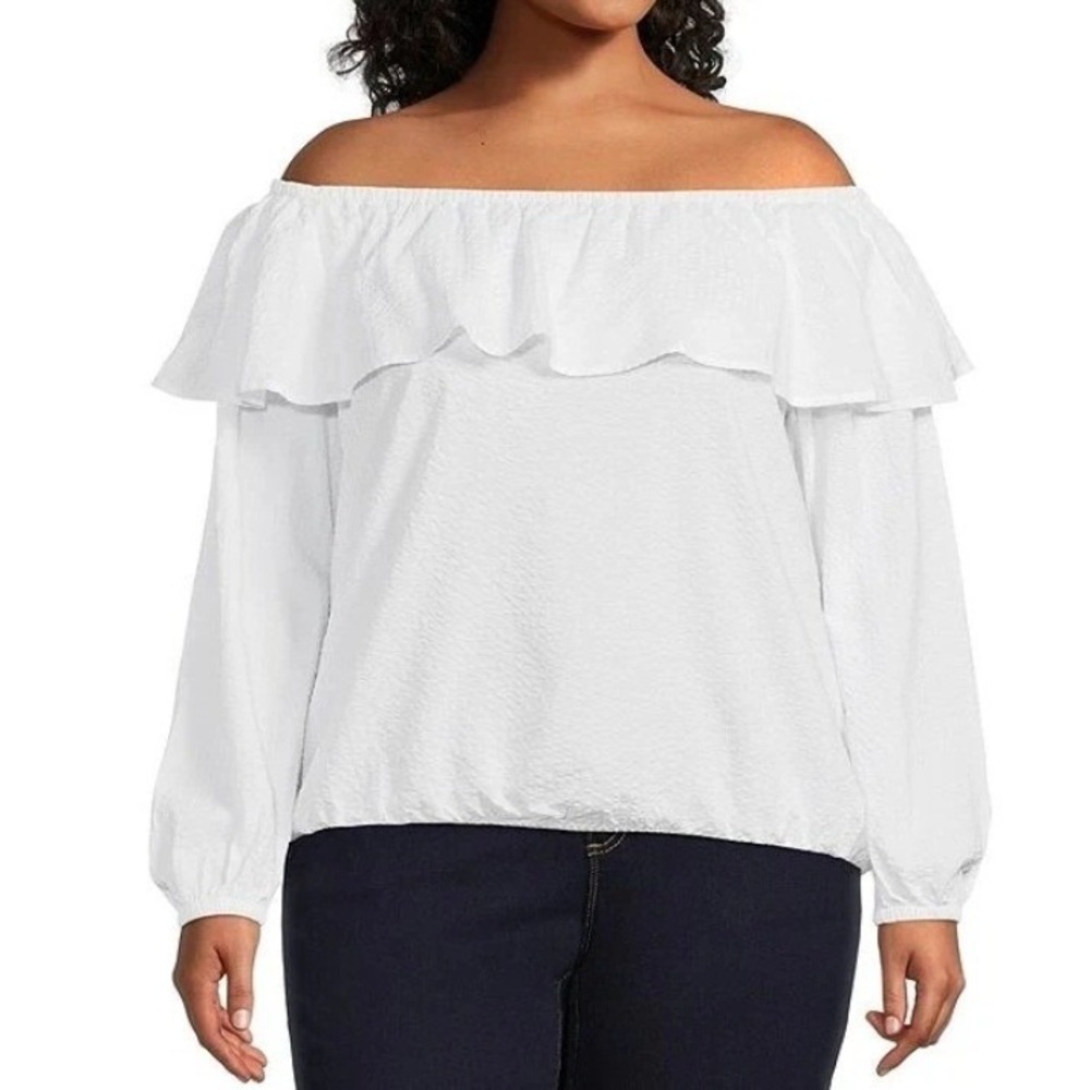 Michael Kors Off The Shoulder Blouse 2X White Ruffled Seersucker Clean Beauty‎